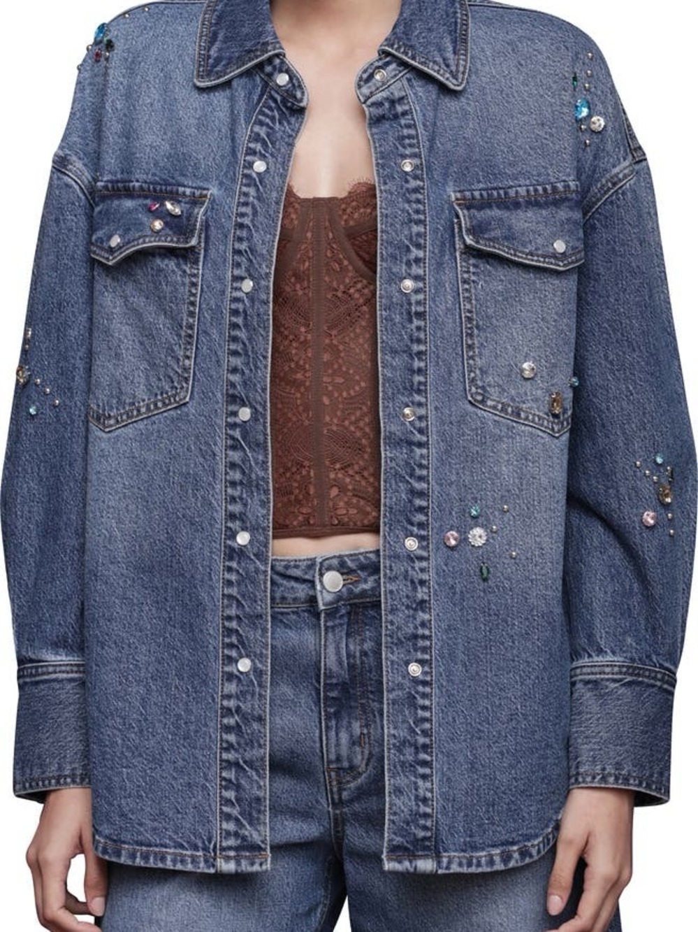 Avec Les Filles Embellished Blue Denim Jacket